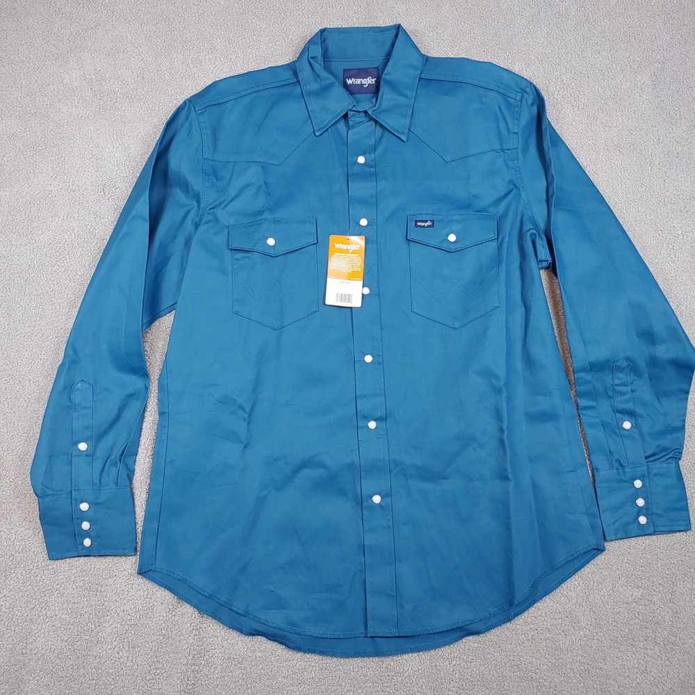 BRAND NEW Wrangler Cowboy Cut - Men L Blue Western Pearl Snap Button Shirt - NWT